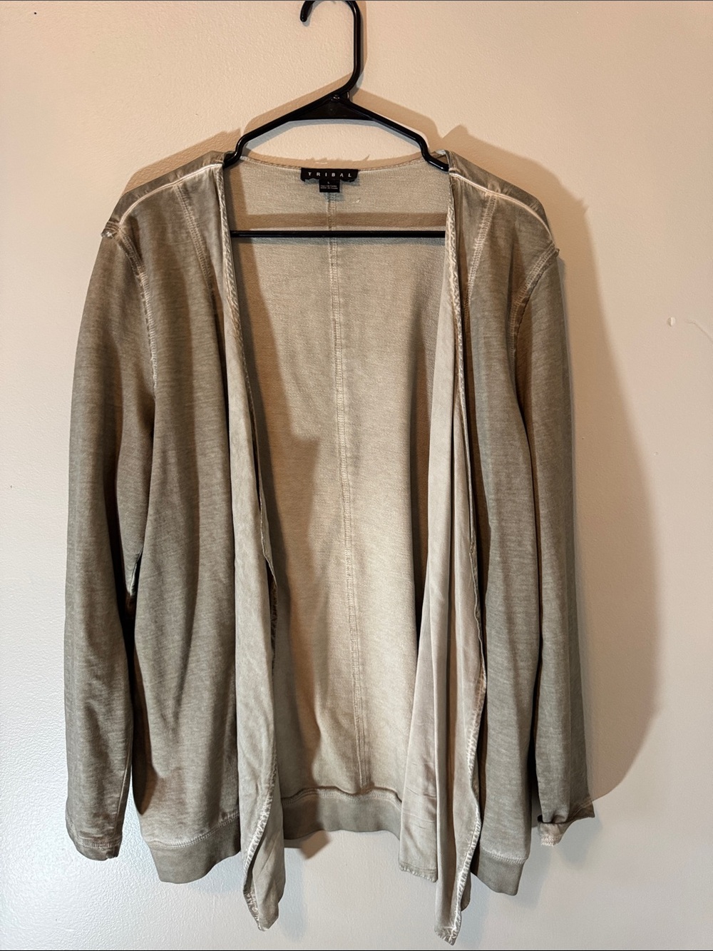 Tribal Women's Open-Front Cardigan in Olive Green and Cream